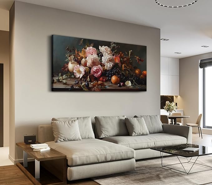 ADJUVANT Wall Art Vintage Floral And Fruit 48" L x 24" W, Peonies With Grapes And Citrus Canvas Painting Prints Graceful Botanic And Fruity Wall Decor for Living Room Bedroom Dining Room Home Office