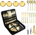 Picnic Dishes Utensils Gold Camping Flatware Set for 4 Portable Dinnerware Plates Silverware Forks Spoons knives Bottle Opener Food Tongs Complete Kit with Zipper Bag