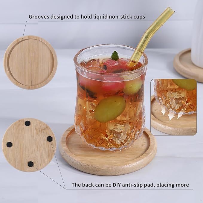 Bamboo 4 inch coaster [4 pcs] Coasters with Holder - Drinking Coasters - Cup Mat for Drinks - Live for Hot or Cold Drink - Non-slip and non-stick,Suitable for Kinds Cups and Living Room Decor