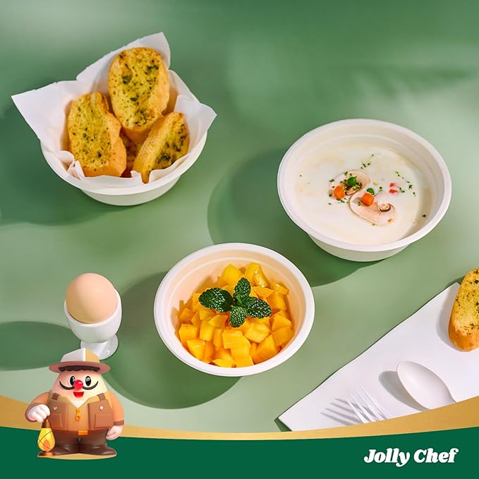 JOLLY CHEF Compostable Disposable Paper Bowl [12 oz] Heavy Duty Soup Containers [150 Pack] Biodegradable Bagasse Hot Cold Food Eco-Friendly Sugarcane Microwavable Bowls for Salad Milk Thanksgiving Day