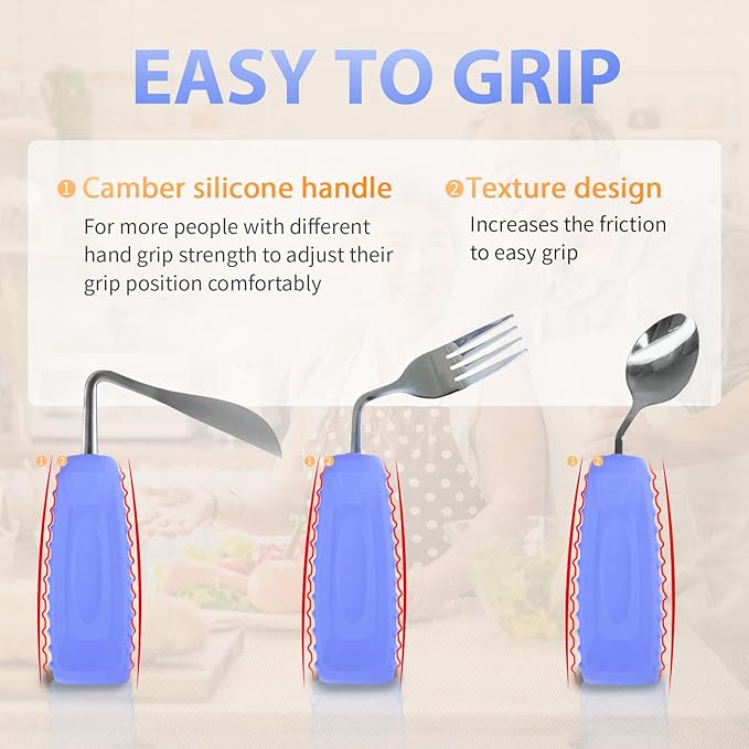 Adaptive Utensils Angled Spoon and Fork for Hand Tremors Parkinsons,Weighted Utensils with Non-Slip Easy Grip Handles for Independent Eating (1pcs Knife+1pcs Fork+1 pcs Spoon,Purple,Left Hand)
