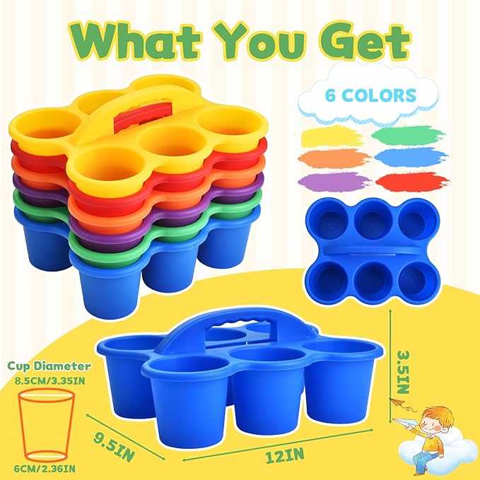 Haundry 6 Pack Classroom Caddy Storage Basket with Handle, Plastic Drink Cup Caddy Holder, 6 Compartments for Kids, Table, Office, Arts, Crafts, Crayon, Marker, Pencil, School Supplies