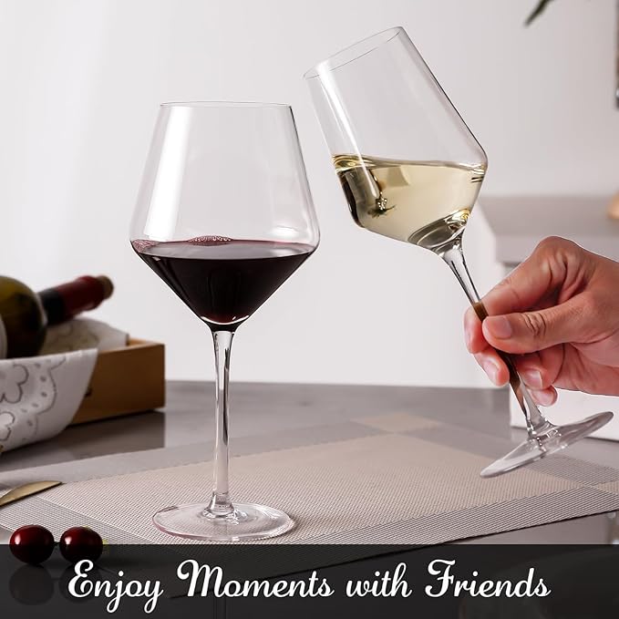 Physkoa Wine Glass Set of 4 – 2 Red Wine (23oz) & 2 White Wine (14oz) Hand-Blown Crystal Glasses with Corkscrew, Perfect for Christmas, Wedding & Housewarming Gifts