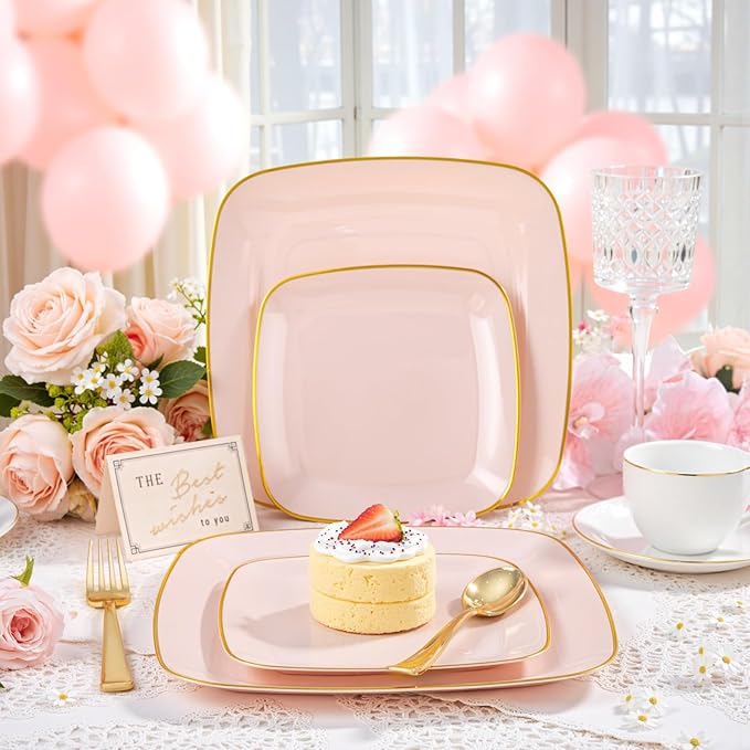 bUCLA 50PCS Pink and Gold Plastic Plates - Heavy Duty Square Pink Disposable - Include 25 Dinner & 25 Dessert Plates for Party & Valentines Day