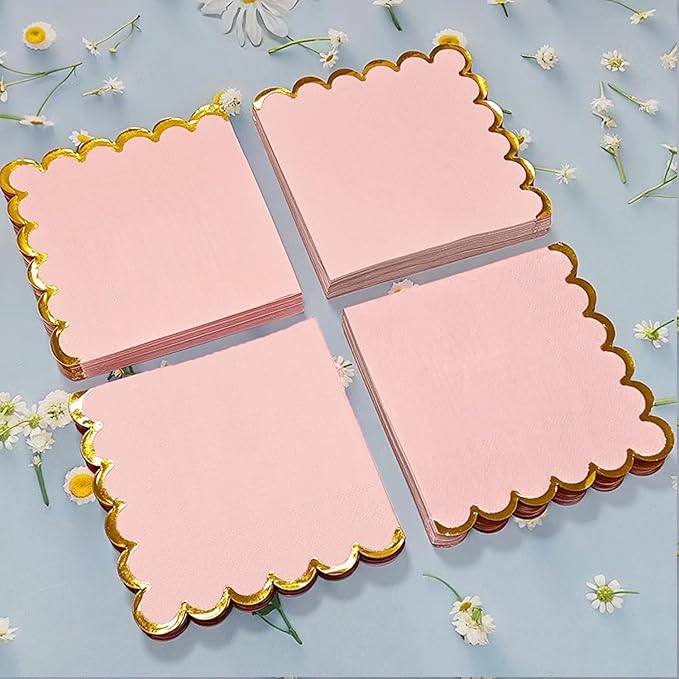 100 pack Pink Cocktail Napkins with Gold Foil Accents Scalloped Edges 5 x 5 inch Beverage Disposable Napkin Party Decoration Wedding Bridal and Baby Shower Dinner Lunch Supplies