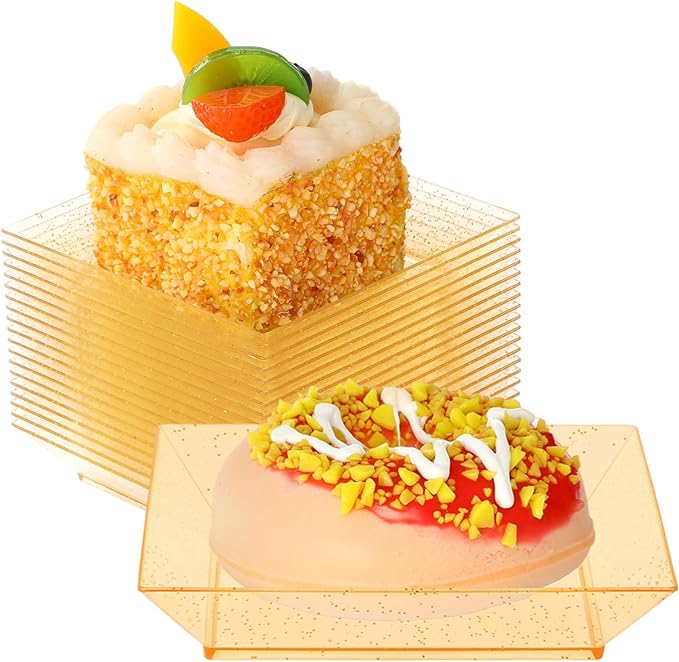 Nuogo 250 Pcs Square Clear Dessert Plates 3.6 Inch Appetizer Plates Disposable Square Party Trays Hard Mini Salad Tasting Sample Dish for Weddings, Parties, Banquet Dinner, Family Gatherings (Gold)