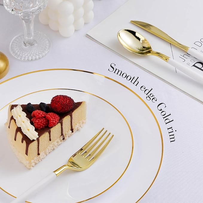 100 PCS Gold and White Plastic Plates, 10 inch White Disposable Plates for Party, Plastic Dinner Plates for Party, Graduation, Birthday, Wedding