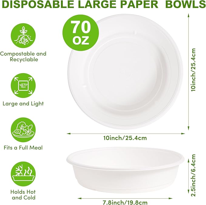 70oz Extra Large Disposable Sugarcane Fiber Paper Bowl, Heavy-Duty Round Serving Bowl for Soups, Pasta & Saucy Dishes, Eco-Friendly Tableware for Restaurants & Catering