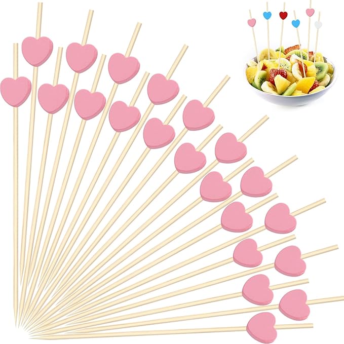 120 PCS Pink Love Heart Shaped Cocktail Picks, 4.7Inch Bamboo Fancy Toothpicks for Appetizers, Cocktail Skewers Sticks Selected for Weddings, Valentines Day, Desserts, Charcuterie, Food, Drinks