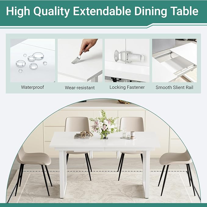 Extendable Dining Table Set for 6, 55"–71" Modern White Kitchen Table with 6 Upholstered Chairs, Space-Saving for Living Room Apartment, Sturdy & Comfortable, Easy Assembly