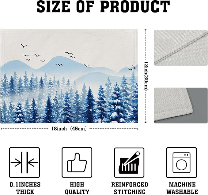 Winter Placemats Set of 4 - Blue Watercolor Xmas Tree Place Mats 12x18 Table Mats White Snow Forest Kitchen Mats for Party Dining Table