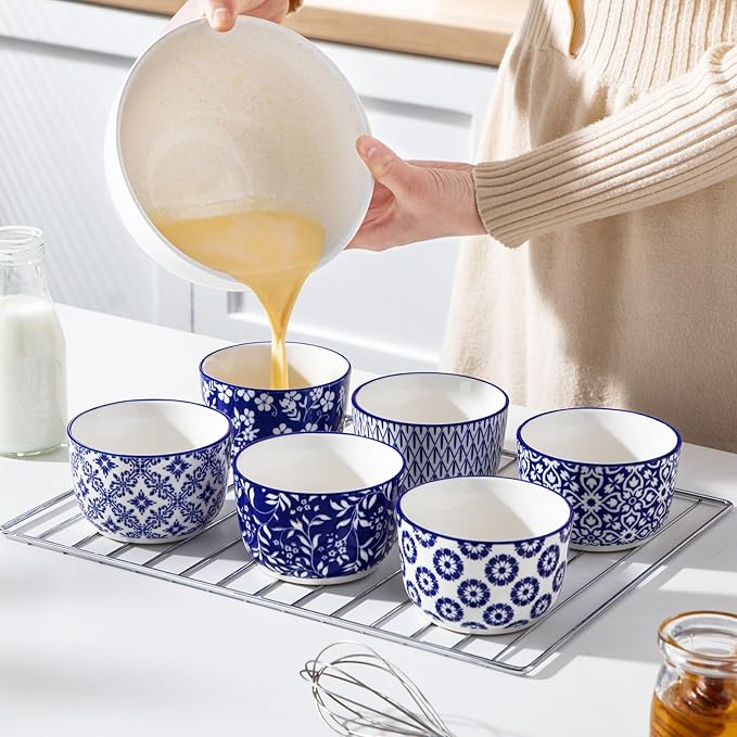 vancasso Selene 8 oz Ceramic Ramekins Set of 6, Large Capacity Oven-Safe Baking Cups for Soufflés, Snack Serving, Desserts, Blue and White Serving Bowls