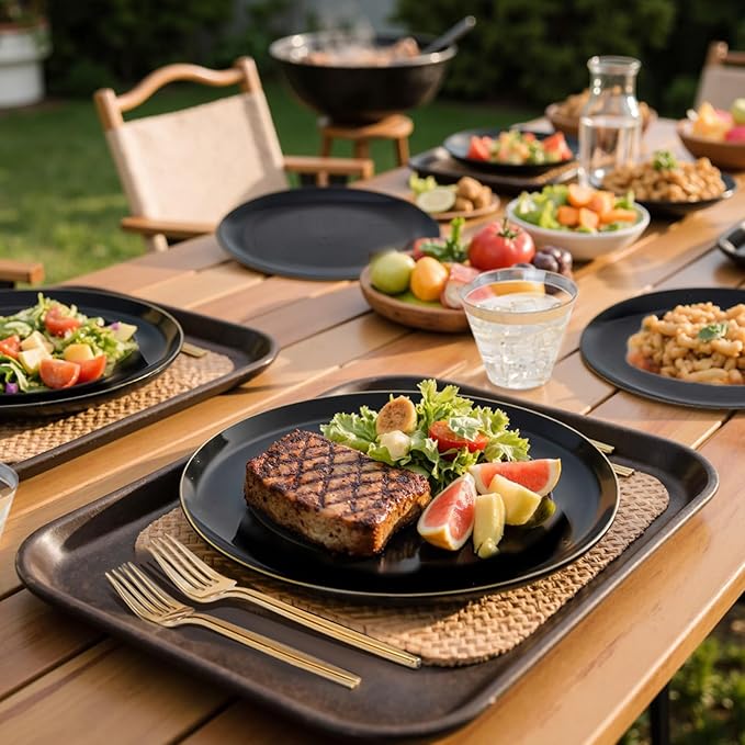 bUCLA 150PCS Black and Gold Plastic Plates - Black Gold Plastic Dinnerware Set Disposable - Include 25 Dinner / 25 Dessert Plates, 25 Knives, 25 Forks, 25 Spoons, 25 Cups, Ideal for Party & Birthday