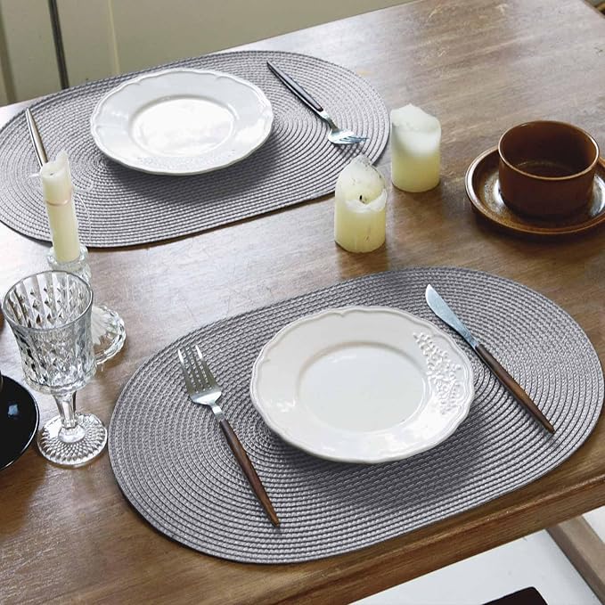 FunWheat Oval Braided Placemats Set of 6 Table Mats for Dining Tables Washable Heat Resistant Place Mats for Indoor Outdoor Use 12 x18 Inch(Oval Light Grey, 6pcs)