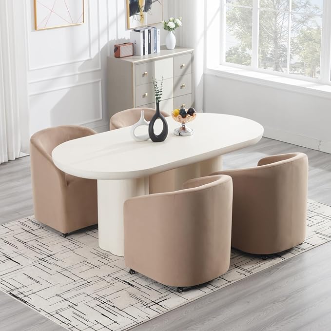 Modern Barrel Dining Chair with Rolling Casters, Upholstered Velvet Swivel Dining Room Chair with Wheels for Kitchen Living Room Home Office, Khaki