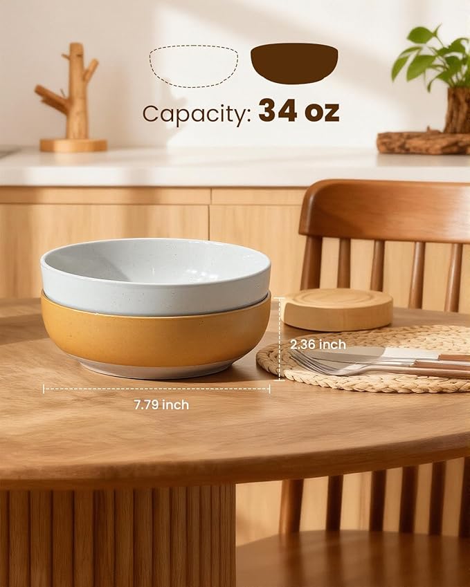 Pasta Bowls Set of 4, 34oz Speckled Ceramic Bowls Set for Serving Salad, Pasta, Soup, Dinner, 8" Wide and Deep Bowls, Dishwasher & Microwave Safe, Matte Terracotta Base (Mixed Color)