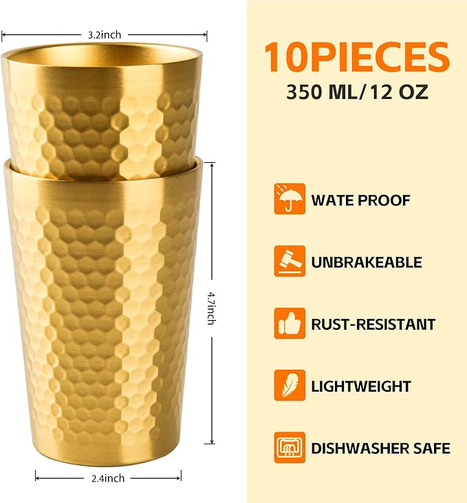 5 Pack 12 oz Stainless Steel Insulated Cup, Honeycomb Double Wall Vacuum Small Metal Cup, Reusable Camping Cups Unbreakable Indoor Outdoor for Party, Home, Office, BBQ, Gold
