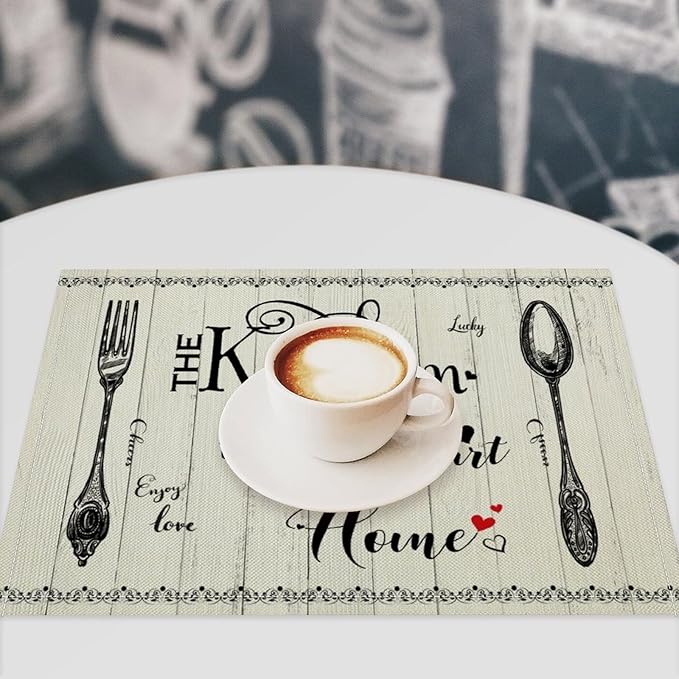 Retro Farmhouse Placemat Set, Minimal Black White Rustic Plank Art Sketch Cutlery Knife Fork Inspirational Quotes Pattern Home Decor Linen Table Mats for Dining Room Kitchen Party (17x12in) x4P