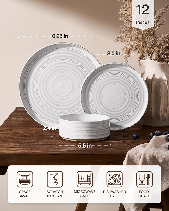 Stoneware Dinnerware Sets, Plate and Bowl Sets for 4, 12 Pieces Spiral Straight Dishware with Speckles and Reactive Glaze, Microwave Dishwasher Safe Family Tableware, White