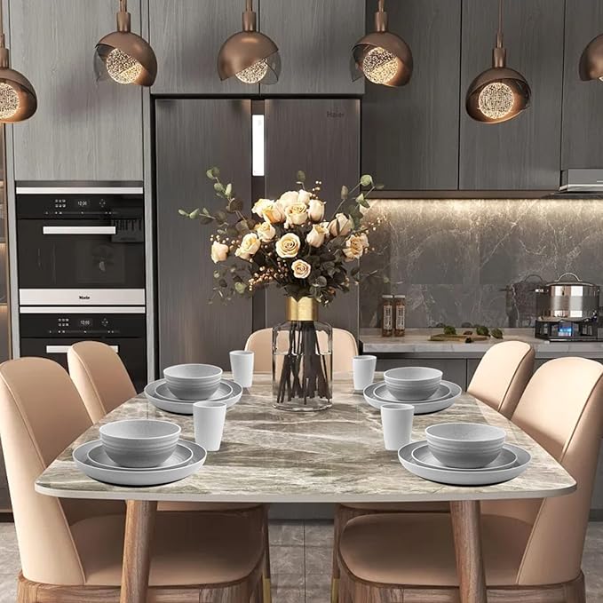 Supernal 32pcs Wheat Straw Dinnerware Sets, Plates and Bowls Sets,Reusable Plastic Plates,Grey Dish Set for 8 include 16pcs Dishes, 8pcs Bowls, 8pcs Cups,Dishwasher Safe.
