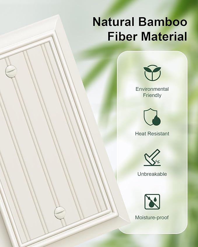 2-Pack Classic Beadboard Single Blank Wall Plate, Durable Natural Bamboo Fiber Wall Plate Cover,Light Almond 1 Gang Wall Plate for Unused Outlets/Switches