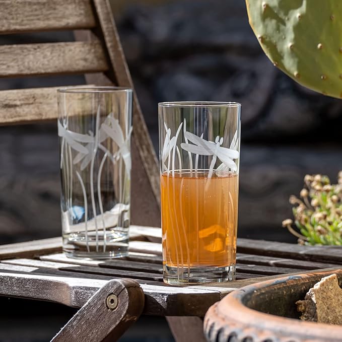 Rolf Glass Dragonfly Highball Glass 15 ounce - Set of 4 Cooler Glasses – Lead-Free Glass - Etched Drinking Glass with Heavy Base - Made in the USA