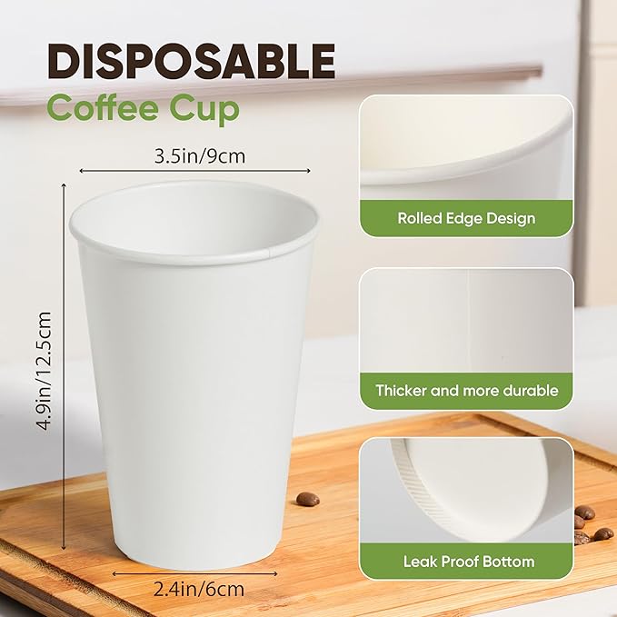 Paper Cups 16 oz – 200 Disposable Coffee Cups with 100 Paper Straws | Hot & Cold Cups for Coffee & Tea up to 150°F | Food-Contact Compliant Paper (FDA 21 CFR 176.170)