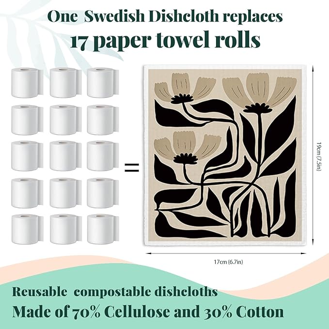 Swedish Dishcloths for Kitchen, Floral Boho Botanical Swedish DishCloths, Papaya Reusable Paper Towels Washable, 4 Pcs Dish Towels for Kitchen Party Home Housewarming Cleaning Cloths