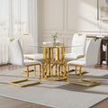 38.9" Round Glass Dining Table Set for 4, Modern 5 Piece Kitchen Table Set with Gold Stainless Steel Base & 4 PU Leather Accent Chairs, Saving Space, Dining Set for Apartment, Home - White Chair
