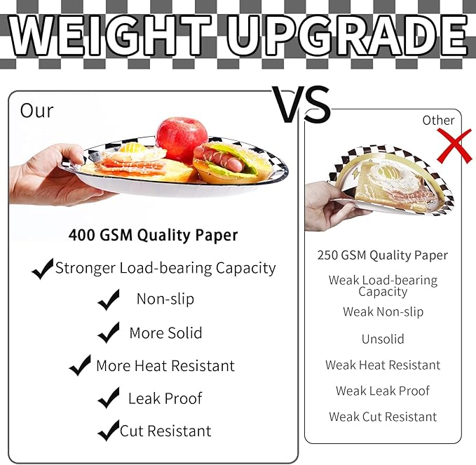 Grencian 50Pcs Black & White Gingham Oval Paper Plates Checkered Party Plates 10" X 12" Disposable 400GSM Race Car Dessert Dinnerware for Racing Car Party Supplies Birthday Baby Shower Decorations