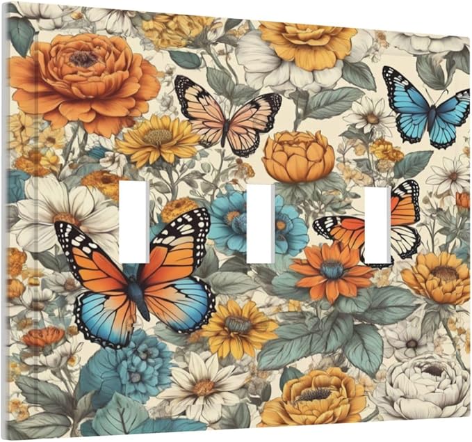 Light Switch Cover Vintage Colorful Floral Butterfly Flowers 3 Gang Wall Plate Triple Light Switch Plate Toggle Decorative Outlet Covers Electrical Switchplate for Bathroom Bedroom Decor