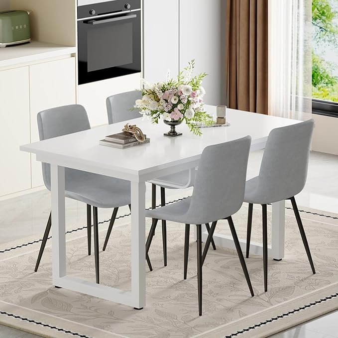 Extendable Dining Table Set for 6, 55"–71" Modern White Kitchen Table with 6 Upholstered Chairs, Space-Saving for Living Room Apartment, Sturdy & Comfortable, Easy Assembly