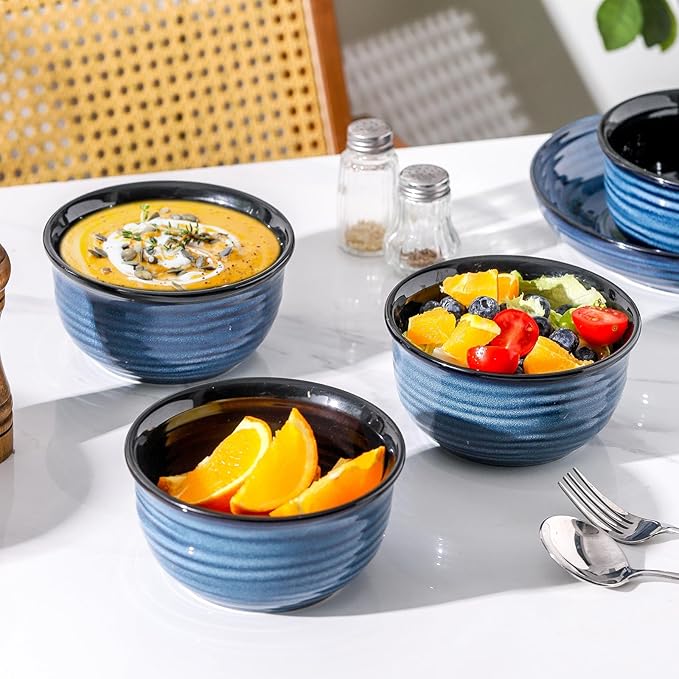 JINGUS Soup Bowl, 20 OZ Porcelain Cereal Bowls Set of 6 Perfect for Pasta, Snack, Oatmeal, Rice, Salad,and Ice Cream, Stackable & Durable Bowls for Kitchen, Microwave & Dishwasher Safe, Blue