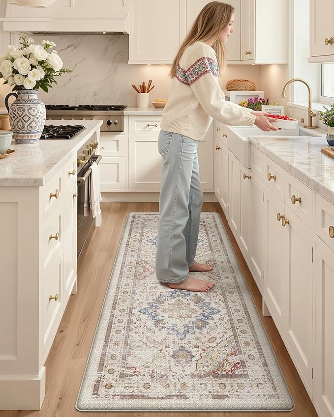 Color&Geometry Kitchen Floor Mats Anti Fatigue, Cushioned Boho Rugs,Waterproof Non Slip Kitchen Runner for Sink, Standing Mats for Office,24"x87",Oatmeal