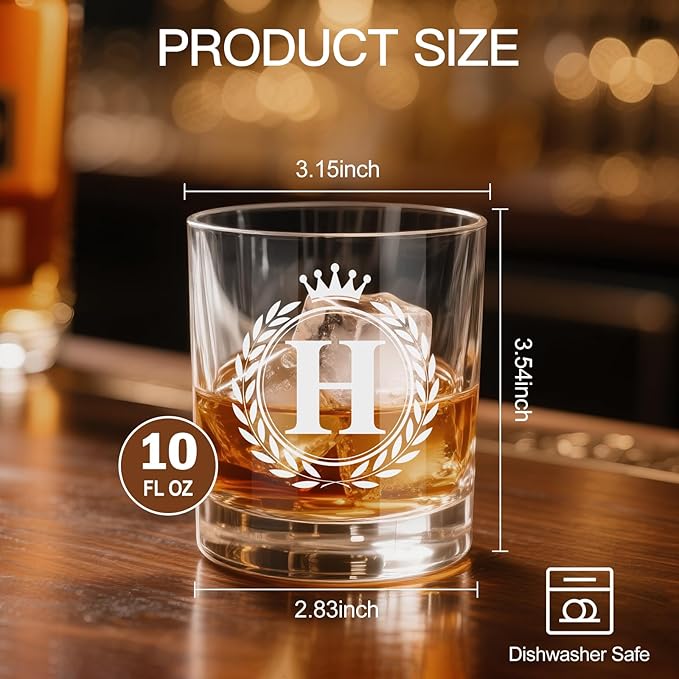 Whiskey Glasses - Rocks Old Fashioned Glass Gifts for Men, Monogrammed A-Z 10oz Personalized Whisky Glasses, Christmas Birthday Gifts for Men Him Dad Father Husband Brother Son (H)