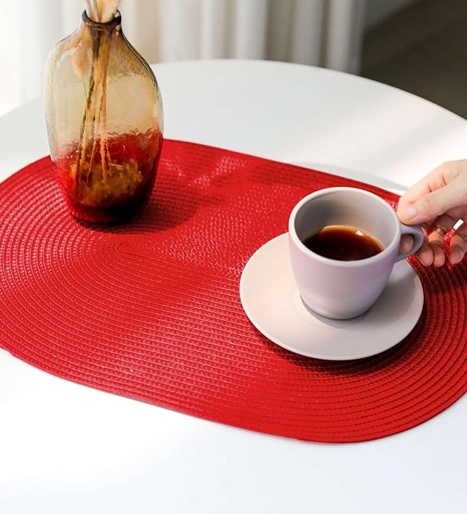 FunWheat Oval Braided Placemats Set of 8 Table Mats for Dining Tables Washable Heat Resistant Place Mats for Indoor Outdoor Use 12 x18 Inch(Oval Red, 8pcs)