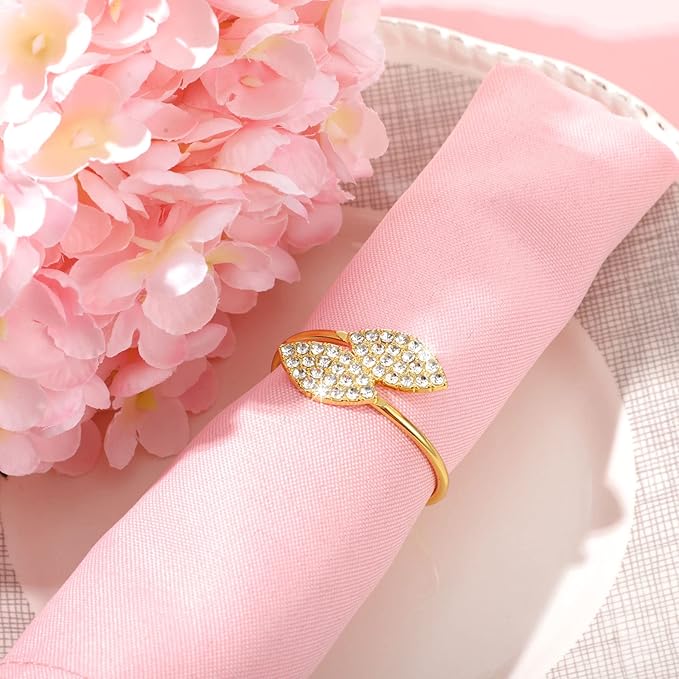 Hotop 100 Pcs Valentine's Day Napkin Rings Gold Table Decorations, Elegant Bling Leaves Napkin Rings, Rhinestone Guest Towels Buckle for Holiday Gather Party, Wedding Dinner Banquet Table Decoration