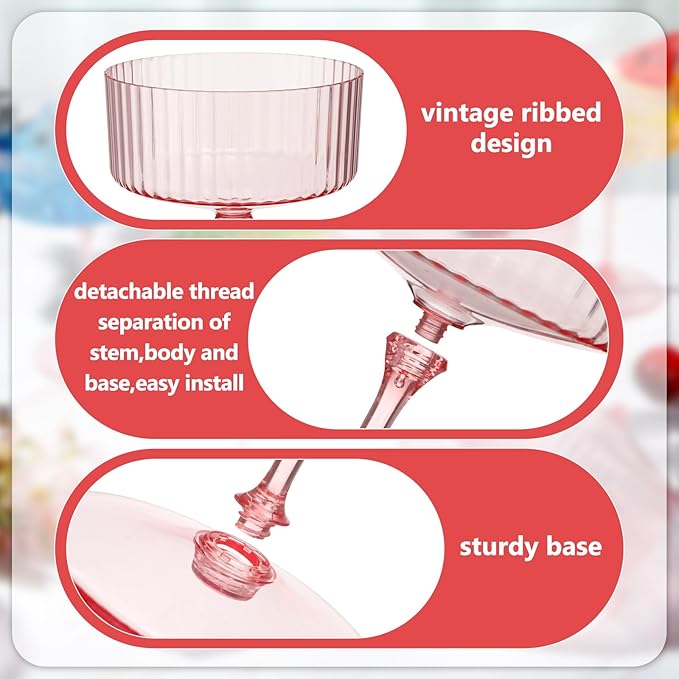 6 Pcs Ribbed Martini Glasses 10 oz Disposable Plastic Vintage Ribbed Coupe Glasses Unbreakable Dessert Parfait Glassware for Wedding Birthday Party Supplies (Pink)