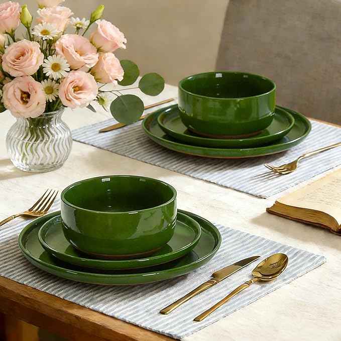 GZG Modern Art Series - 18 Pcs Speckled Stoneware Plates and Bowls Sets, Ceramic Dinnerware Set with Rustic Terracotta Underside, Microwave and Dishwasher Safe Handcrafted Dishes Set - Verdant Green