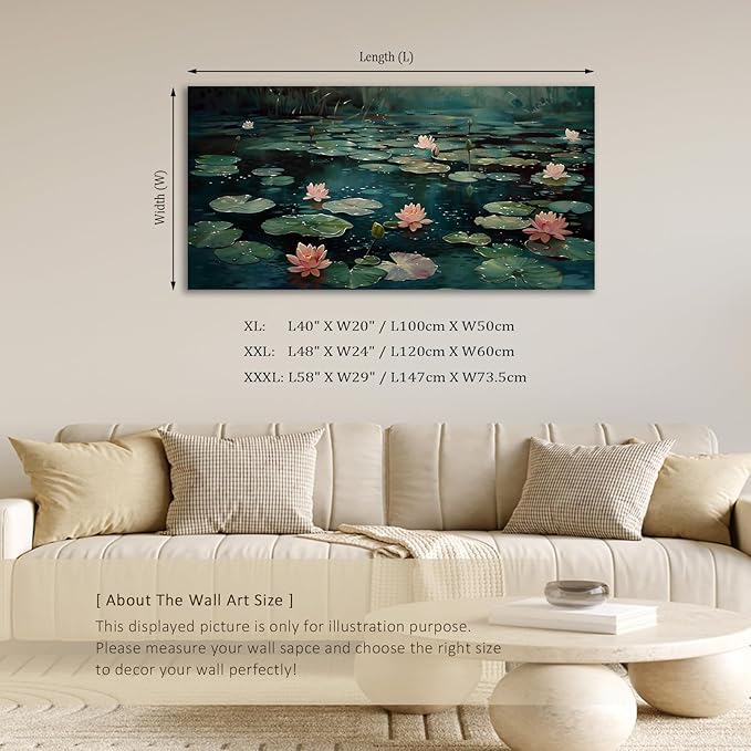 ADJUVANT Wall Art Impressionist Water Lily Pond 60" L x 30" W, Pink Lotus Flowers on Dark Blue Water Canvas Painting Nature Artwork Prints Wall Decor for Living Room Bedroom Bathroom Home Office