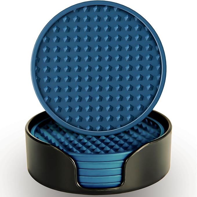 Coasters for Drinks 6 Pcs Drink Coaster with Holder,Heat Resistant Silicone Cup Mat Tabletop Protection,Non-Slip Rubber Coasters for Kinds of Cups (Blue)