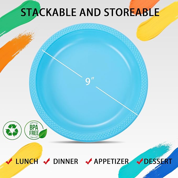 WELLIFE Light Blue Party Plates 9 Inch -150 Count, Disposable Plastic Baby Blue Dinner Plates for Party Dessert Cake Appetizer Baby Shower