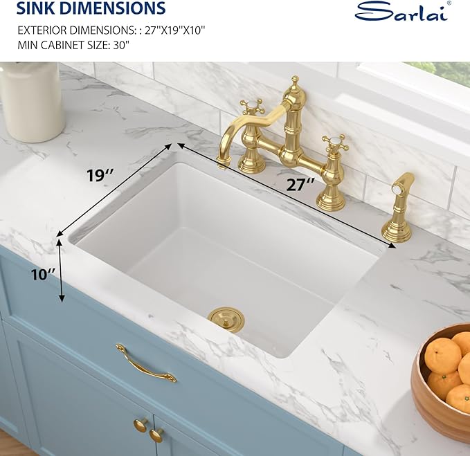 Sarlai 27 Inch White Undermount Sink 27x19 Inch White Kitchen Sink Dual Drop in & Undermount Kitchen Sinks Fireclay Single Bowl Deep Porcelain Ceramic Basin