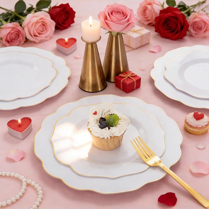 NOCCUR 120PCS White and Gold Plastic Plates - 10.25inch and 7.5inch Gold Disposable Plates Set Heavy Duty for Party/Wedding/Valentine's Day