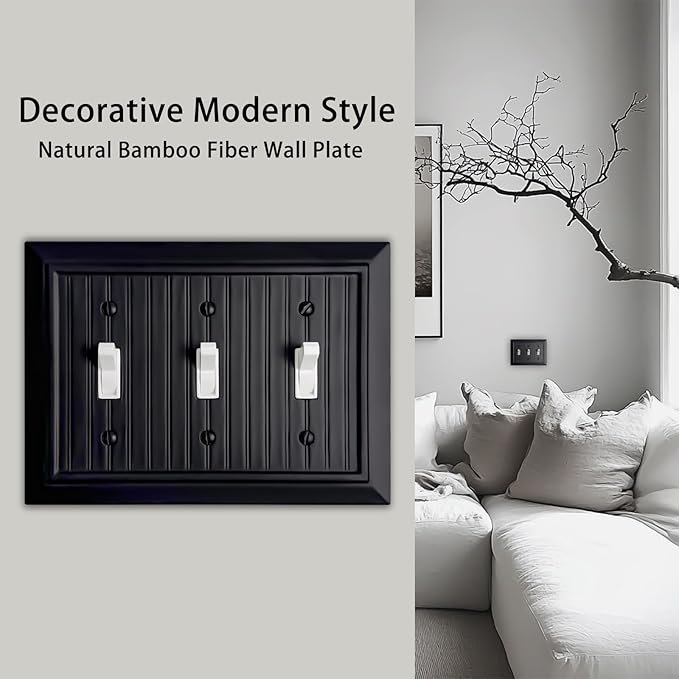 Beadboard Outlet Covers Wall Plates, Bamboo Fiber Light Switch Covers, Natural Material Electric Receptacle Decorative Switch Plate Outlet Cover Matte Black (3 Gang Toggle 1 Pack)