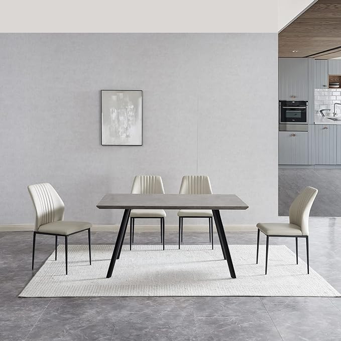 ZckyCine Modern 5-Piece Kitchen Table Set Rectangular Wood Dining Table with 4 Upholstered Leather Chairs (46.5" Table + 4 White Chairs)