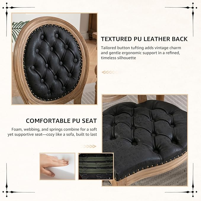 Vintage French Dining Chairs Set of 8, Round Back PU Leather Upholstered Side Chairs with Nailhead Trim and Solid Wood Frame, Sillas de Comedor for Dining Room & Kitchen, Black