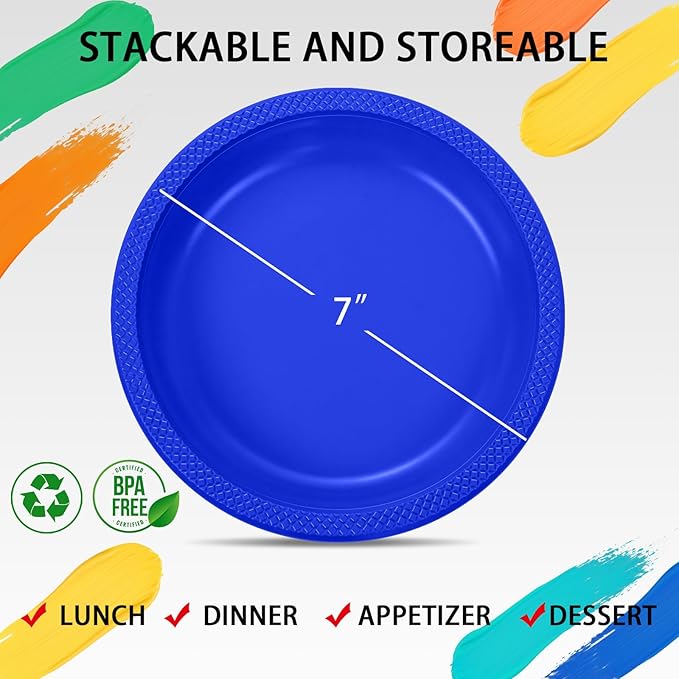 WELLIFE Royal Blue Party Plates 7 Inch -150 Count, Disposable Plastic Dark Blue Dessert Plates for Party Salad Cake Appetizer