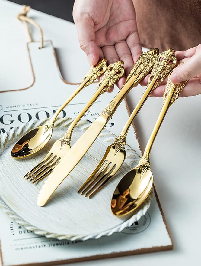 Gold Silverware Set for 12 Premium 18/10 Stainless Steel Flatware Set Palace Style 60 Piece Cutlery Tableware Utensils Embossed Decorative Handle Knives Forks and Spoons for Home Christmas Wedding