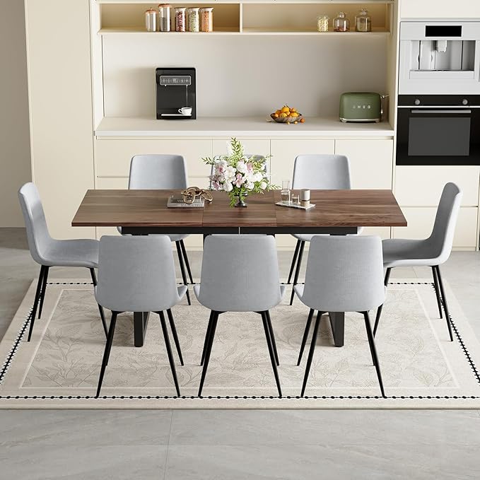 Extendable Dining Table Set for 8, 55"–71" Modern Wood Kitchen Table with 8 Upholstered Chairs, Space-Saving for Living Room Apartment, Sturdy & Comfortable, Easy Assembly
